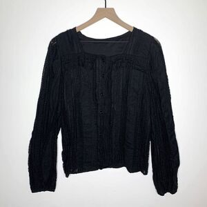 Vintage Button Front Lace Long Sleeve Top Black Size S Square Neck